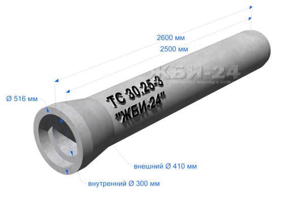 Труба железобетонная ТБ 40.25-2, Диаметр 400мм, Длина 2650 мм с раструбом