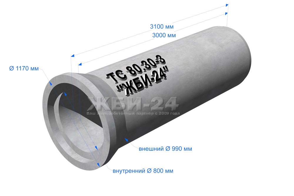 Труба железобетонная ТБ 80.25-2, Диаметр 800мм, Длина 2650 мм с раструбом